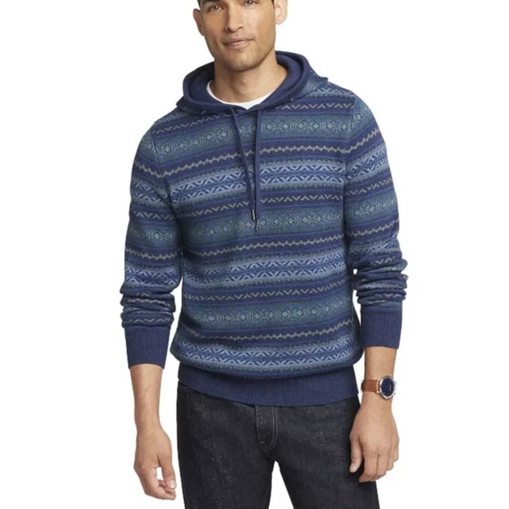 Izod Men Hoodie Knit Blue Green Southwestern Fair Isle Sweater Size Large NEW